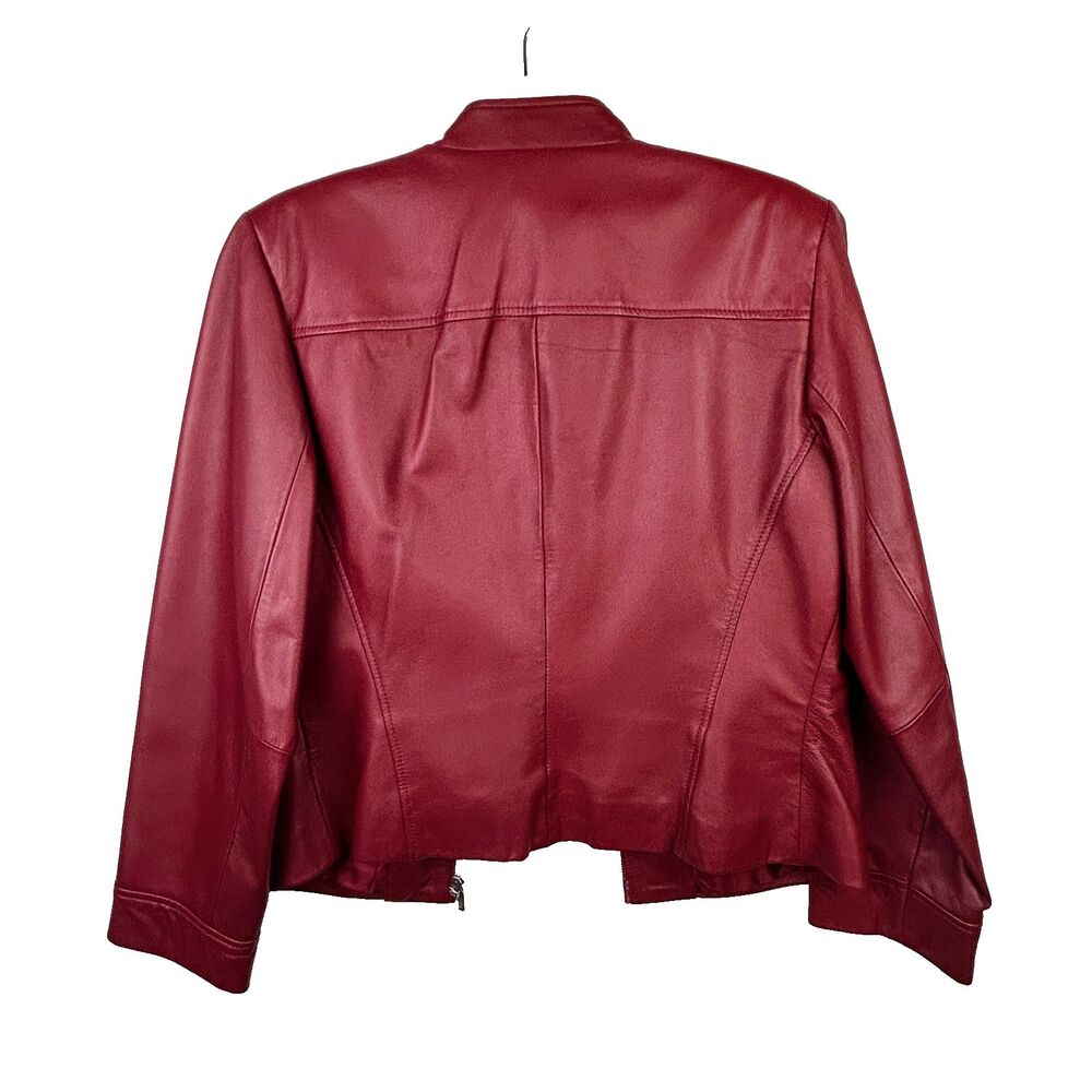 Casual Corner Annex Petite 90's Red Leather Jacket Zip Front Racing Lined M - Picture 7 of 16